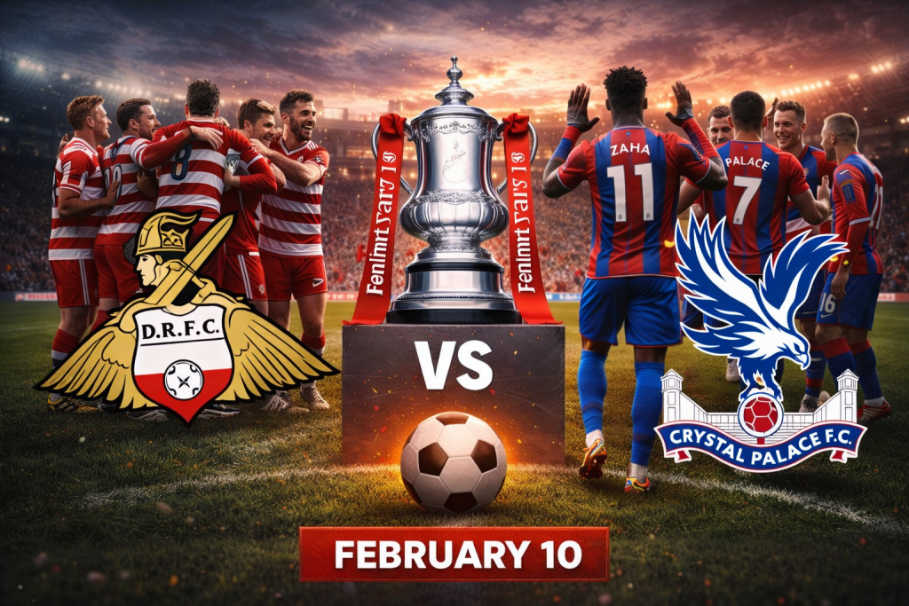 ภาพประกอบการแข่งขันฟุตบอลระหว่าง Doncaster Rovers กับ Crystal Palace โดยมีถ้วยเอฟเอคัพตั้งอยู่ตรงกลาง สนามฟุตบอลที่เต็มไปด้วยแฟนบอล ด้านซ้ายเป็นนักเตะ Doncaster Rovers ในชุดลายแดง-ขาว พร้อมโลโก้สโมสร ด้านขวาเป็นนักเตะ Crystal Palace ในชุดลายแดง-น้ำเงิน พร้อมสัญลักษณ์นกอินทรี และมีลูกฟุตบอลวางอยู่ด้านหน้า สื่อถึงแมตช์วันที่ 10 กุมภาพันธ์